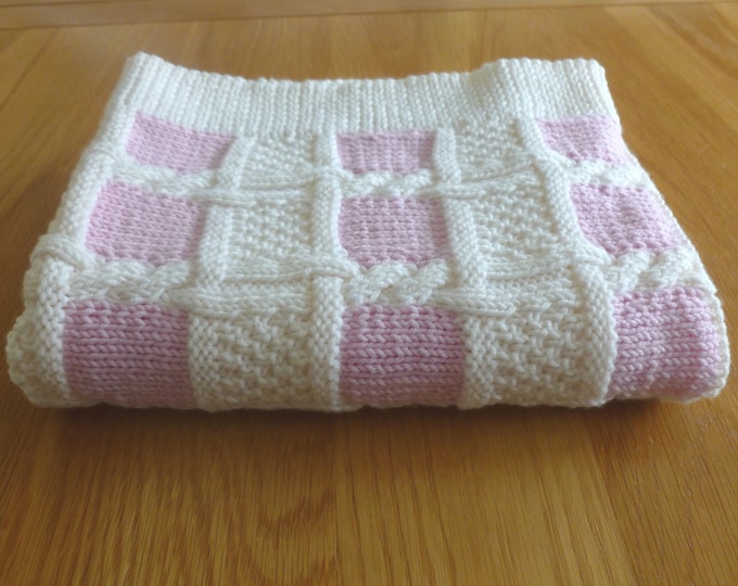 Unique Handknitted Baby Blanket, wool, Debbie Bliss Rialto DK, white, pink, 70 cm x 60 cm, Scotland