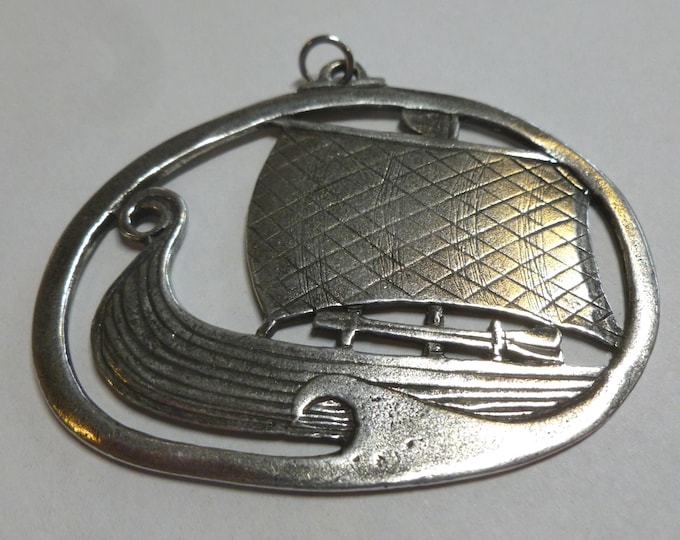 Norwegian Pewter Viking Ship Pendant, by 'Havstad Tinn', large, 7 x 5.5 cm, vintage