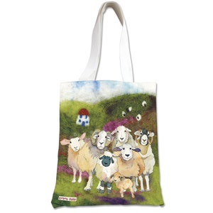 Tote Bag, by Emma Ball, Project bag, Seathrift Puffins, Felted Sheep, Spirit of Flora, bag for knitters, crafters, cheerful, large, storage