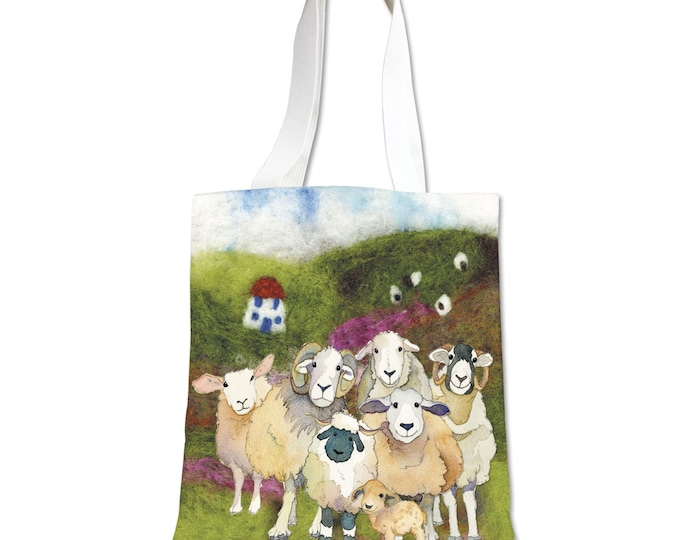 Tote Bag, by Emma Ball, Project bag, Seathrift Puffins, Felted Sheep, Spirit of Flora, bag for knitters, crafters, cheerful, large, storage