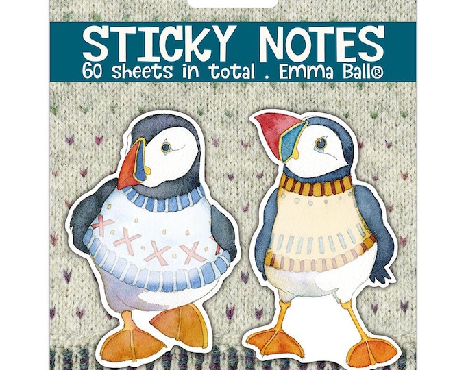 Sticky Notes by Emma Ball, 60 sheets, 2 designs, Puffins, Happy Sheep, Felted, Woolly Puffins, post-its, fun, reminders