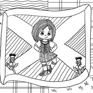 Feuille de coloriage danseuse des Highlands, mignonne, PDF, téléchargement numérique, imprimable, A4, art, pleine conscience, ASI Designs, Écosse, coloriage, fille