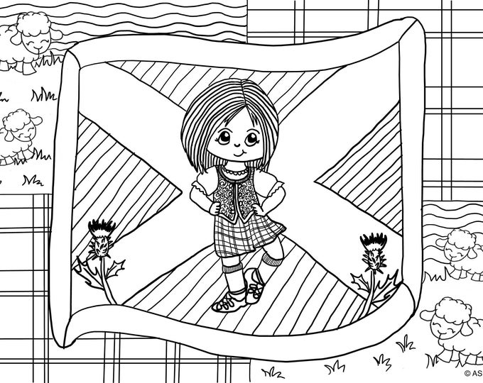 Highland Dancer Colouring Sheet, cute, PDF, digital download, printable, A4, art, mindfulness, ASI Designs, Scotland, colouring, girl