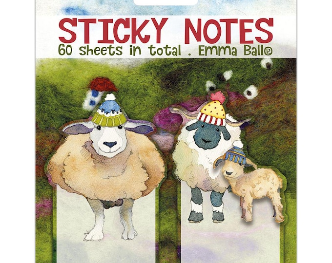 Sticky Notes by Emma Ball, 60 sheets, 2 designs, Puffins, Happy Sheep, Felted, Woolly Puffins, post-its, fun, reminders