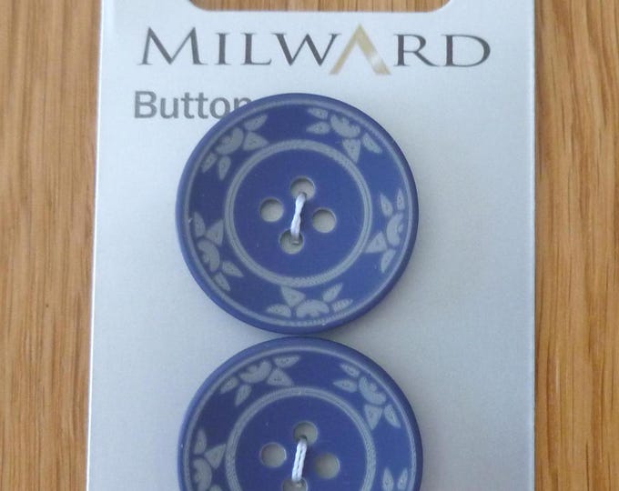 2 Blue Buttons, 2.5 cm, Milward Buttons, 4 holes, washable