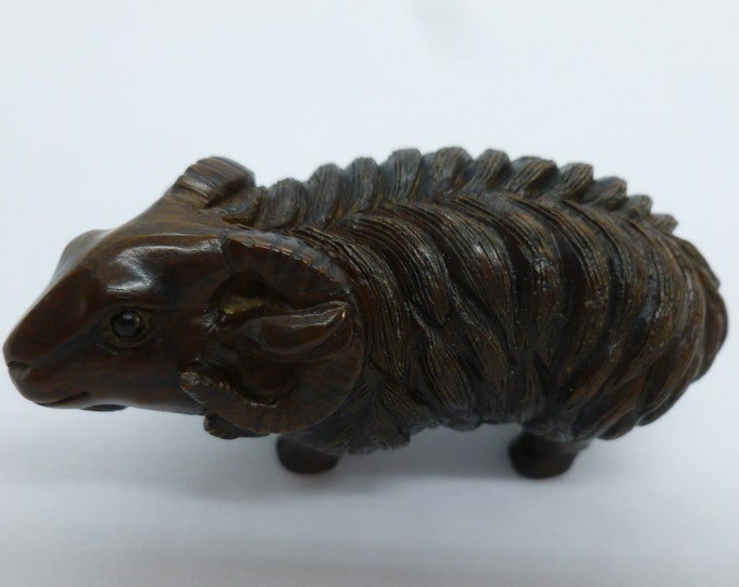 Sheep Netsuke, vintage, hand carved, wood, 20th Century, Japanese, stamped, in excellent condition, detailed, dark wood,