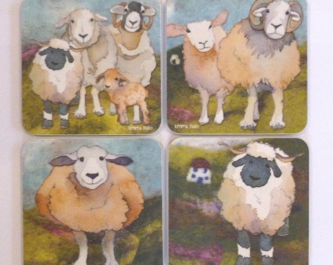Set of 4 Coasters by Emma Ball, Felted Sheep, Crafting Gnomes, 10 cm square