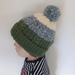 Cabled Bobble Hat Pattern, A Hat For Sam, PDF, digital download, worsted, DK, cables, bobble, straight needles, 7 yrs to Adult, Scotland