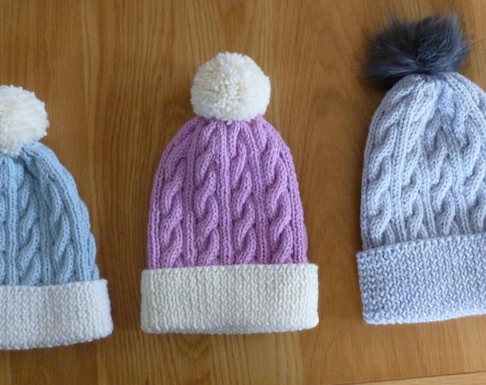 Handknitted Aran Bobble Hat, cabled, aran, made in Scotland, adult, warm