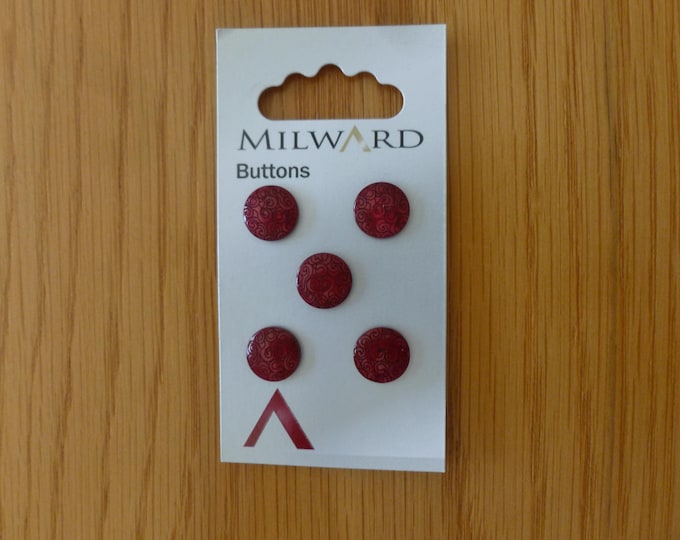 Set of 5 Deep Pink Buttons, 1 cm, Milward, swirl pattern