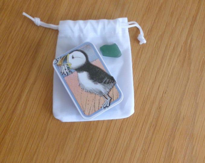 Pocket Hug, Puffin Pocket Tin with Seaglass Nugget, a pocket hug, Emma Ball tin and giftcard, Scottish Seaglass, smooth and tactile, gift