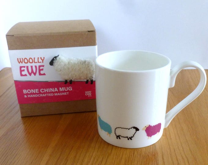 Woolly Ewe Mug, bone china, hand decorated sheep mug from Scotland, with handcrafted magnet, in gift box,  from Hairy Coo & Co.