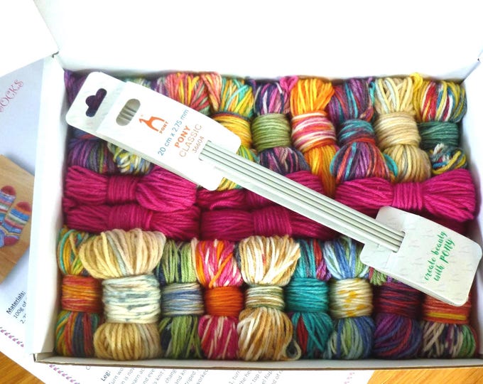 Knitting Kit for Scrappy Socks, 4 ply, pattern for UK size 5 -7, needles included, yarn, boxed, gift