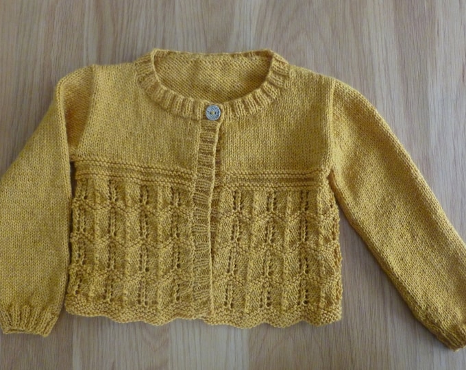 Handknitted children's cardigan, mustard yellow, soft, machine washable