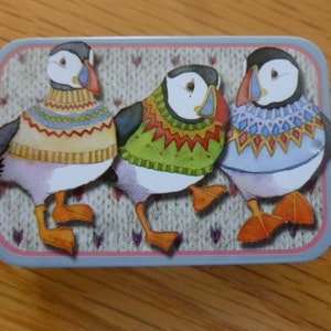 Storage tins, by Emma Ball, pocket tins, sliding lid, choice of cute designs, Sheep, Puffins, Knitters, Penguins, Woollies, Kittens