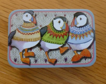 Storage tins, by Emma Ball, pocket tins, sliding lid, choice of cute designs, Sheep, Puffins, Knitters, Penguins, Woollies, Kittens