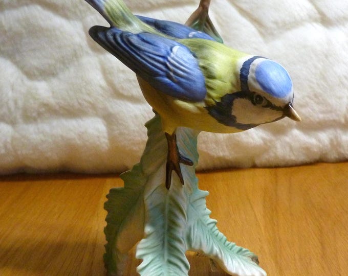 Blue Tit on Branch, vintage figurine, Goebel, matt, W. Germany, 15 cm, 1973