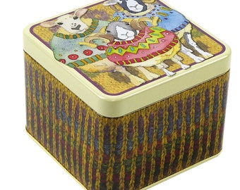 Square Storage Tin, by Emma Ball Ltd, various designs, 10 x 10 x 8 cm, storage for knitters and crafters, removable lid, UK
