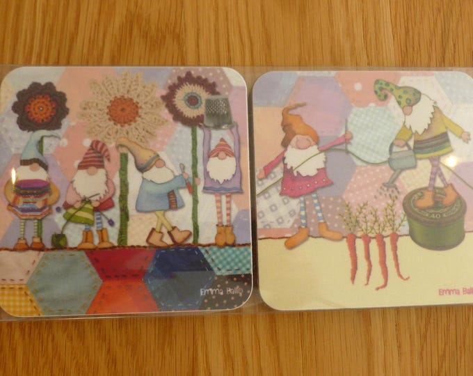 Set of 4 Coasters by Emma Ball, Felted Sheep, Crafting Gnomes, 10 cm square
