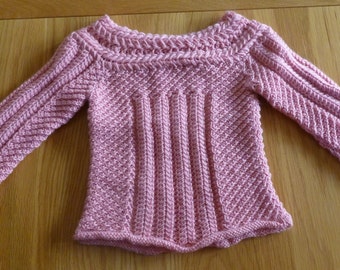 Pretty Pink Handknitted Sweater, girls, unusual, soft, warm, 28 cm chest, feminine, round neckline