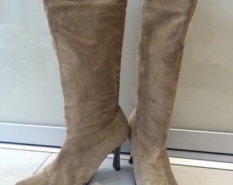 Vintage Beige Winklepicker Calf Boots - Real Leather Suede