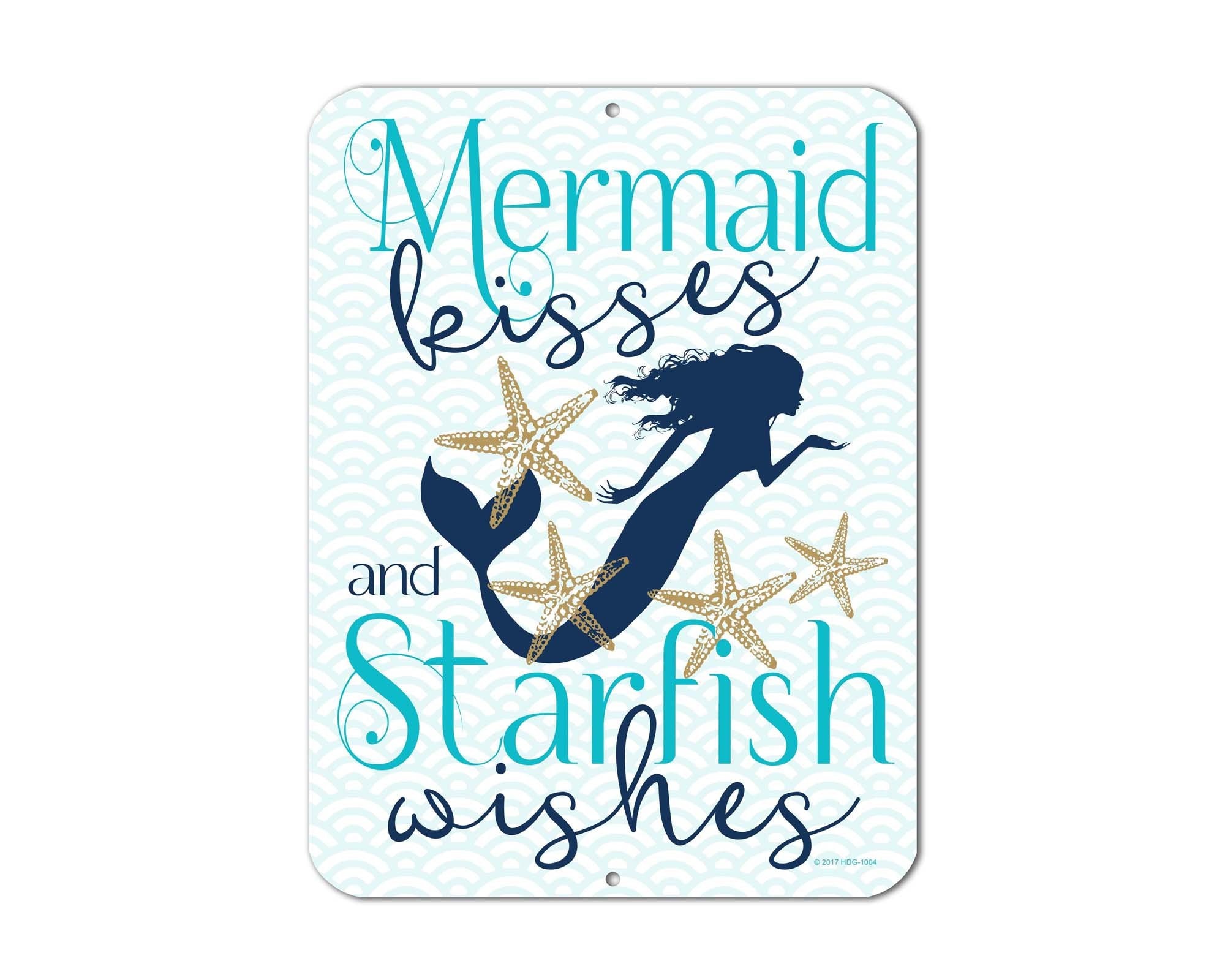 Mermaid Kisses Starfish Wishes 9" x 12" Metal Sign Coastal Nautical Home Decor 