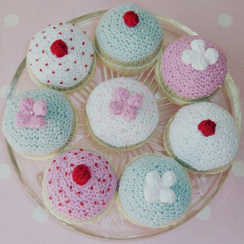 Cupcake Knitting Pattern, Digital Download, Tiered Tray Decor, Knitted Afternoon Tea cake, Toy Food image 1