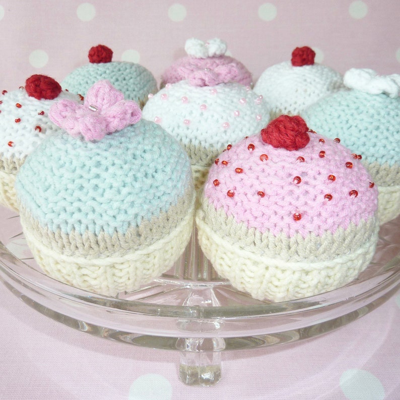 Cupcake Knitting Pattern, Digital Download, Tiered Tray Decor, Knitted Afternoon Tea cake, Toy Food image 2