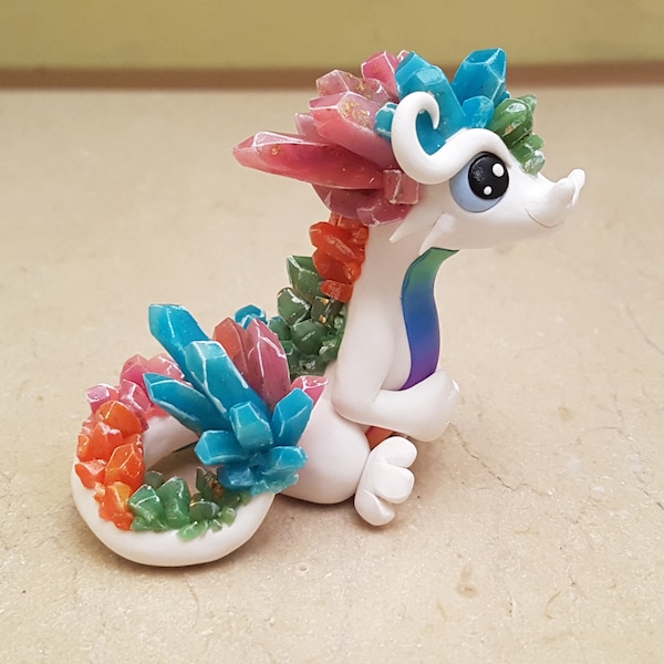 Opal Crystal Dragon figurine, handmade dragon sculpture, polymer clay fantasy creature, cute gift idea, rainbow dragon statue, fantasy art