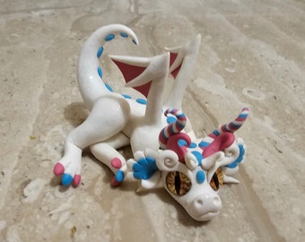 white dragon figurine, polymer clay dragon sculpture, miniature dragon, anime dragon art, oryginal gift idea, deck decoration, clay meeples