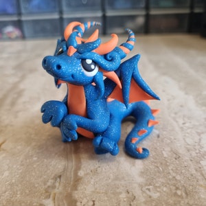 polymer clay dragon figurine, handmade dragon sculpture, blue dragon statue, DnD RPG dragon marker, fantasy art, fairy garden dragon statue
