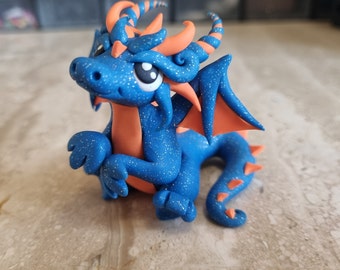 polymer clay dragon figurine, handmade dragon sculpture, blue dragon statue, DnD RPG dragon marker, fantasy art, fairy garden dragon statue