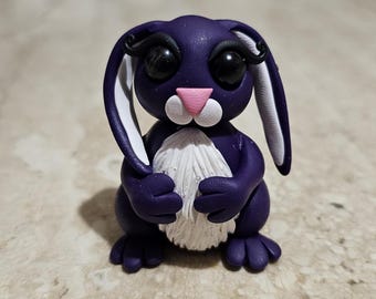 Blauw konijntjesbeeldje, handgemaakte konijnensculptuur, miniatuur konijntjesfiguur, OOAK konijnstandbeeld, uniek cadeau-idee, schattige kawai-fantasiekunst