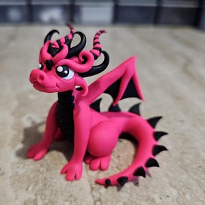 neon pink dragon sculpture, miniature dragon figurine, handmade dragon statue, pinkest pink dragon, fluorescent dragon, polymer clay dragon