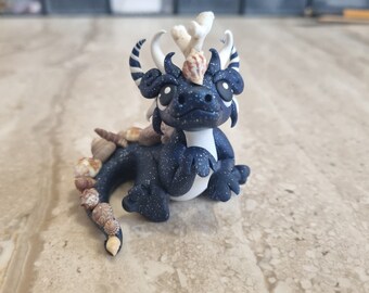 miniature dragon figurine, handmade dragon sculpture, dragon with seashells, polymer clay dragon figure, tiny art, fairy garden dragon