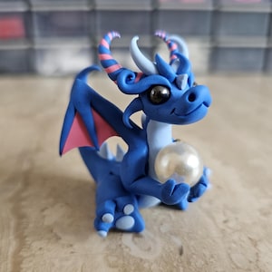 blue dragon with a pearl, polymer clay dragon sculpture, handmade dragon figure, miniature dragon, tiny art, oryginal gift idea, OOAK