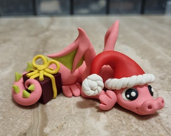 Christmas dragon sculpture, pink dragon figurine, handmade dragon statue, fantasy art, DnD dragon marker, dragonsandbeasties, claymeeples