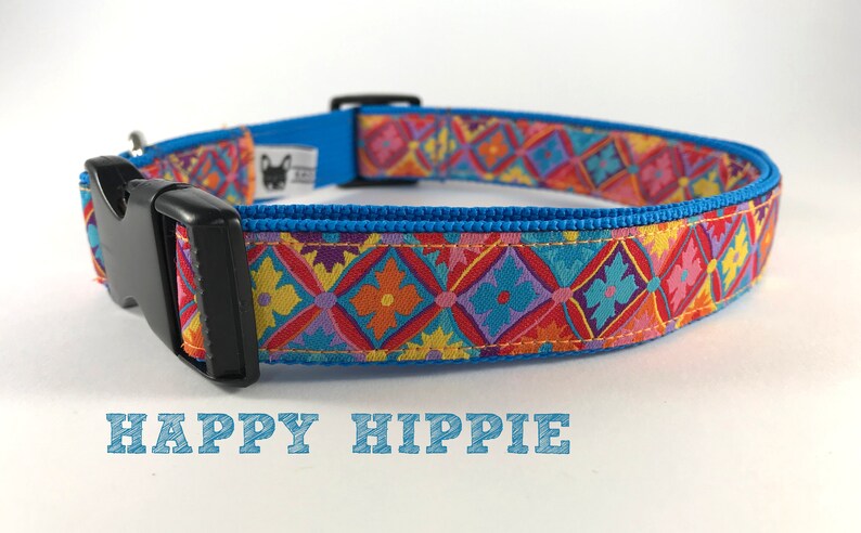 Adjustable Dog Collar pet Collar webbing ribbon gemoetric hippie floral pattern colorfull HAPPY HIPPIE different sizes by Easy and Cooper