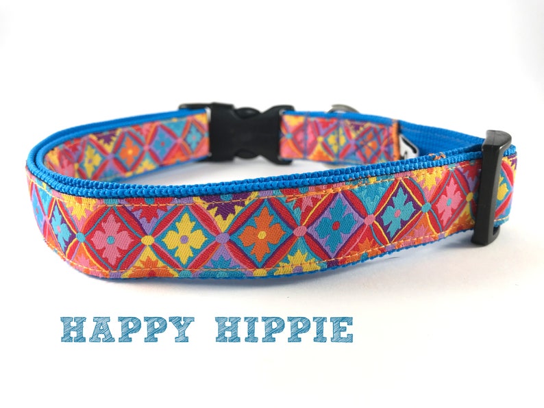 Adjustable Dog Collar pet Collar webbing ribbon gemoetric hippie floral pattern colorfull HAPPY HIPPIE different sizes by Easy and Cooper