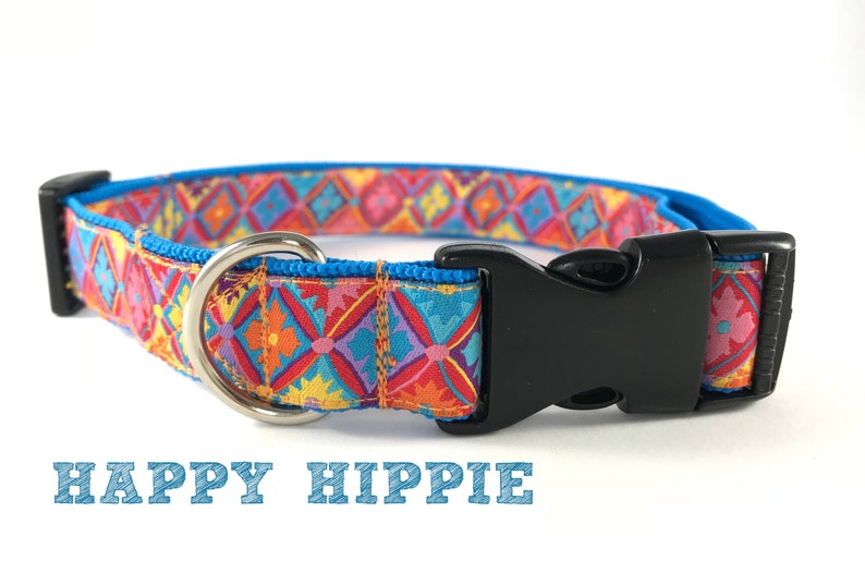 Adjustable Dog Collar pet Collar webbing ribbon gemoetric hippie floral pattern colorfull HAPPY HIPPIE different sizes by Easy and Cooper