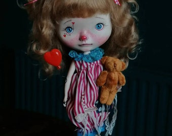 Ooak Blythe with polymer clay reshaped face, mohair wig and licca body