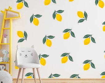 Lemon wall decals, alt. to lemon wallpaper, lemon wall stickers, vintage style lemon wallpapered look, kitchen decals, yellow kitchen decor