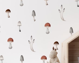 May include: A white wall with a repeating pattern of brown and red mushrooms. The mushrooms are in various sizes and shapes. There is a wooden shelf with a stuffed animal and books on it.