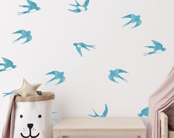 Pegatinas de pared de pájaros en acuarela: pegatinas de golondrinas azules, decoración para habitación infantil (juego de 18)