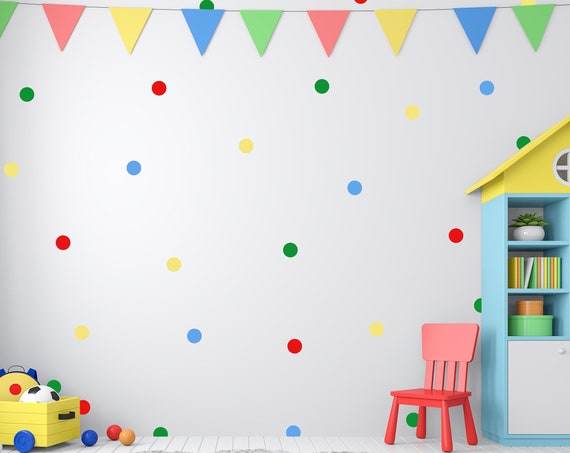 Polka dot wall decals, 4 colours, 72 pack, spotty wallpaper effect, rainbow wall stickers, colourful wall stickers for kids nursery playroom