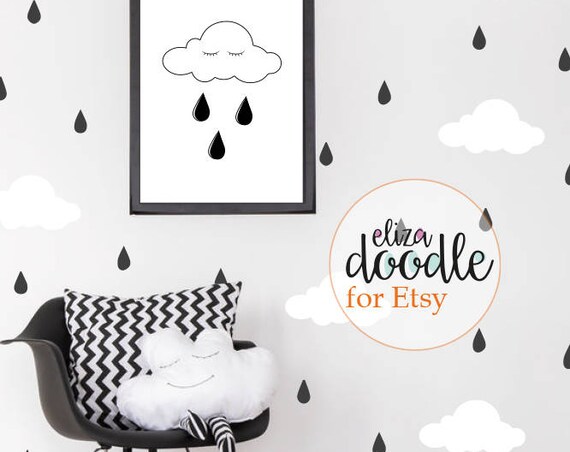 Raindrop and cloud wall stickers / wall decals boys, girls, baby / monochrome nursery /removable vinyl stickers / fake wallpaper / wallpaper