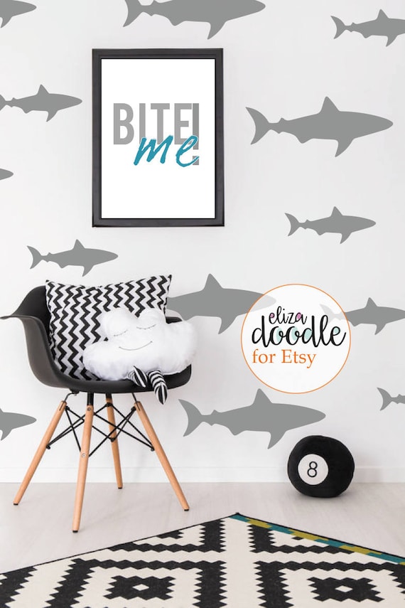 Shark wall stickers / fish vinyl decal / shark nursery decor / children's shark wall art / Blue Grey Black White Vinyl Sticker / wallpaper