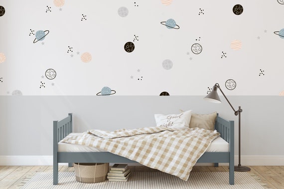 Space wall decals, Space wall stickers, planets & stars stickers boys nursery, hand drawn wall decals, boys nursery bedroom, fake wallpaper