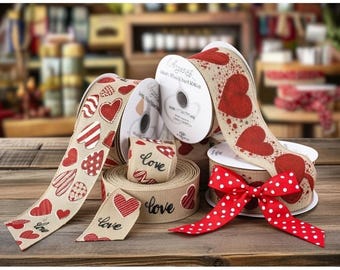 Various valentine ribbon, Wired, hearts, all my love, various widths. Sold by the meter.
