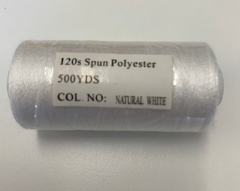 500 yard polyestertråd nr 120 tjocklek. Råvit